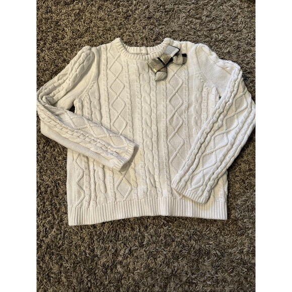 Gymboree Girls Size 7 White Cable Knit Sweater Gold Bow Party Fancy Holiday - Picture 1 of 9